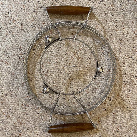 Teal glass serving bowl with teak handle silver metal carrier VTG '70's. - Picture 6 of 7